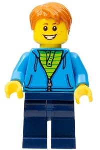 Boy in Hoodie Minifigure - Minifigure wearing a dark azure hoodie over a green striped shirt, paired with dark blue legs - twn287