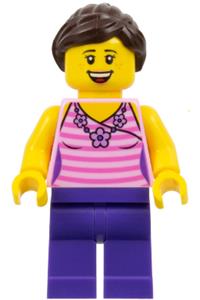 Female Minifigure - Female minifigure with dark pink striped top, dark purple legs, dark brown hair in ponytail with swept sideways fringe - twn288