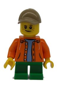 Boy Minifigure - Boy wearing a light blue sweater with an orange jacket and hood, green short legs, and a dark tan cap with a hole - twn291