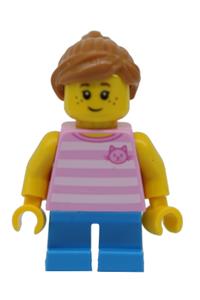 Girl Minifigure - Girl minifigure with a bright pink striped top featuring a cat head, dark azure short legs, and medium nougat ponytail - twn293