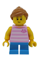 Girl, Bright Pink Striped Top with Cat Head, Dark Azure Short Legs and Medium Nougat Ponytail and Swept Sideways Fringe - twn293
