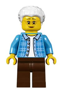 Grandma Minifigure - Grandma with white hair, wearing a dark azure plaid jacket with collar and dark brown legs - twn294
