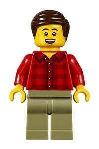 Dad Minifigure - Minifigure dad in a plaid flannel shirt with collar, olive green legs, and dark brown smooth hair - twn295