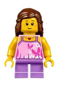 Girl Minifigure - Girl with bright pink top with butterflies and flowers, medium lavender short legs, and reddish brown mid-length hair - twn297