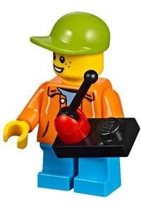Boy Minifigure - Boy wearing a lime cap with a hooded orange jacket over a light blue sweater and dark azure short legs - twn300