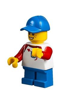 Boy Minifigure - Boy with a classic space shirt with red sleeves, blue short legs, and a blue cap - twn302