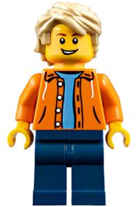 Male in Orange Jacket Minifigure - Minifigure with tan tousled hair, wearing an orange jacket with hood over a light blue sweater and dark blue legs, sporting an open lopsided grin - twn305