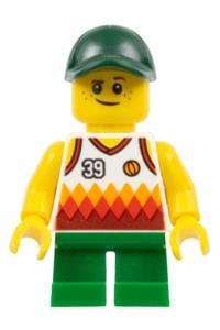 Boy Minifigure - Boy wearing a jersey with number 39, green short legs, and a dark green cap - twn329
