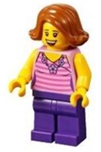 Woman, Striped Pink Shirt with Flower Necklace, Dark Purple Legs, Dark Orange Female Hair Short Swept Sideways twn330