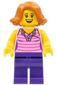 Woman with Striped Pink Shirt - Woman with dark orange short swept sideways hair, wearing a striped pink shirt with a flower necklace and dark purple legs - twn330