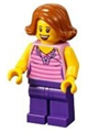 Woman with dark orange short swept sideways hair, wearing a striped pink shirt with a flower necklace and dark purple legs - twn330