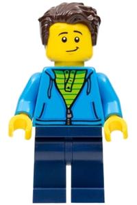 Man Minifigure - Man with green striped shirt under dark blue hoodie, dark brown hair, and dark blue legs - twn331