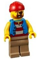 Man pirate with a striped red and white shirt under a blue vest, red bandana, eye patch, gold teeth, and dark tan legs - twn332