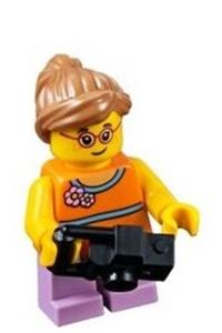 Girl Minifigure - Girl minifigure with an orange top and medium lavender legs - twn337