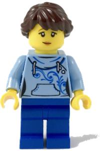 Ludo Blue Female Minifigure - Female minifigure with dark brown hair in a long braid, wearing a bright light blue hoodie and blue legs (Ludo Blue) - twn348