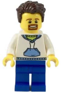 Ludo Blue Male Minifigure - Male with dark brown hair and goatee wearing a white hoodie with a bright light blue hood and pocket - twn349