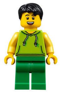 Ludo Green Male Minifigure - Male minifigure with black hair, wearing a lime sleeveless hoodie, and green legs with Ludo Green color - twn351