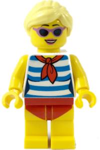 Yellow Ludo Female Minifigure - Female with blond hair wearing medium lavender sunglasses, a red scarf, a blue striped shirt, and a red swimsuit (Yellow Ludo) - twn352