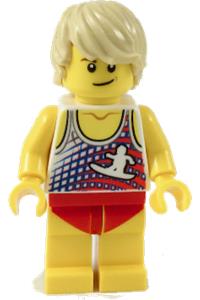 Ludo Yellow Male Minifigure - Male minifigure with tan hair, wearing a tank top with white surfur logo and red swimsuit (Ludo Yellow) - twn353