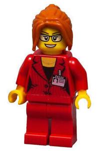 Red Ludo Reporter Minifigure - Female reporter with dark orange hair with sidebangs, glasses, wearing a red blazer and a press pass - twn354