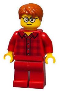 Red Ludo Male Minifigure - Male minifigure with dark orange hair wearing glasses, a red flannel shirt and red legs - twn355