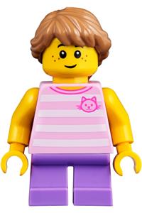 Child Girl Minifigure - Child girl with a long medium nougat braid, wearing a bright pink striped cat shirt and medium lavender legs - twn356