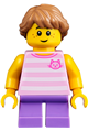 Child Girl with Long Medium Nougat Braid, Bright Pink Striped Cat Shirt and Medium Lavender Legs - twn356