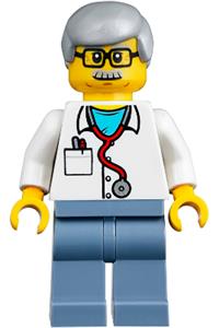 Veterinarian Dr. Jones Minifigure - Dr. Jones, a veterinarian with light bluish gray hair, glasses, a red stethoscope, and sand blue legs - twn357