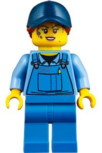 Mechanic Female Minifigure - Female mechanic with a dark blue cap and dark orange ponytail wearing a medium blue shirt and blue overalls - twn358