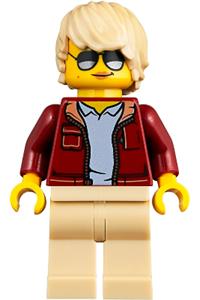 Woman with Short Tan Hair, Sunglasses, Dark Red Bomber Jacket and Tan Legs twn360