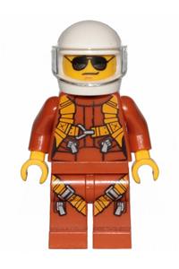 Pilot Minifigure - Pilot wearing a dark orange jumpsuit, dark orange legs with straps, white helmet with a trans-clear visor, and black and silver sunglasses - twn364