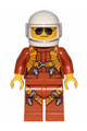 Pilot wearing a dark orange jumpsuit, dark orange legs with straps, white helmet with a trans-clear visor, and black and silver sunglasses - twn364