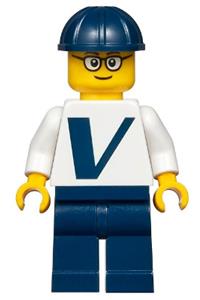 Vestas Worker Minifigure - Male minifigure with Vestas logo on torso, wearing dark blue legs, a dark blue construction helmet, and glasses - twn365