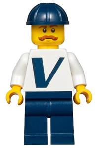 Vestas Worker Minifigure - Male minifigure with Vestas logo on torso, dark blue legs, dark blue construction helmet, and moustache - twn366