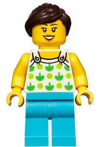 Female Minifigure - Female minifigure with a white top featuring green apples and lime dots, paired with medium azure legs and a dark brown ponytail with swept sideways fringe - twn367