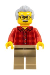 Grandfather Minifigure - Elderly minifigure wearing a flannel shirt with dark tan legs and light bluish gray hair - twn368