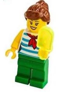 Female Minifigure - Female minifigure with reddish brown ponytail, swept sideways fringe hair, red scarf, blue striped shirt, and green pants - twn377