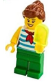 Female minifigure with reddish brown ponytail, swept sideways fringe hair, red scarf, blue striped shirt, and green pants - twn377