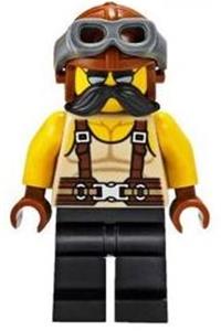 Monster Burger Truck Vendor - Man with a black moustache wearing a tan tank top, reddish brown suspenders, and an aviator cap with dark bluish gray goggles - twn379
