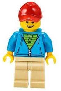 Man in Dark Azure Hoodie Minifigure - Man with a dark azure hoodie over a green striped shirt, tan legs, and a red cap - twn380