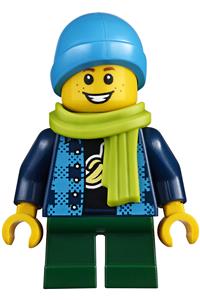 Child Boy Minifigure - Boy wearing a dark azure beanie and lime scarf with a banana shirt and dark green legs - twn383