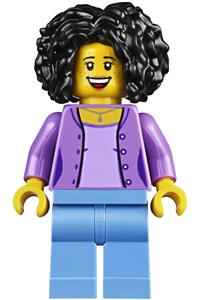 Female in azure jacket Minifigure - Female minifigure with bushy black hair, wearing a medium azure jacket over a lavender shirt, and medium blue legs - twn385