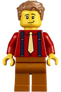 Male Minifigure - Male minifigure with medium nougat hair, wearing a red shirt, tan tie, dark blue suspenders, and dark orange legs - twn386