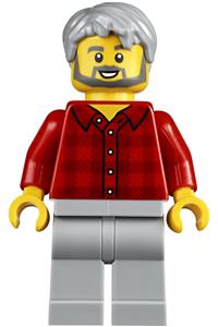 Male Minifigure - Male minifigure with light bluish gray hair and beard, wearing a red flannel shirt and light bluish gray legs - twn387