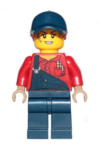 Female Mechanic Minifigure - Female mechanic with dark blue overalls and legs, sporting a dark orange ponytail under a dark blue ball cap - twn395