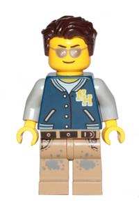 Male Driver Minifigure - Driver with dark brown hair wearing a dark blue jacket, dark tan legs with dark bluish gray splotches - twn396