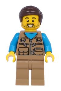 Male with Dark Tan Vest Minifigure - Male minifigure wearing a dark tan vest over a dark azure shirt, dark tan legs, and dark brown hair - twn398