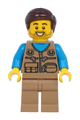 Male minifigure wearing a dark tan vest over a dark azure shirt, dark tan legs, and dark brown hair - twn398