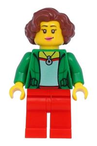 Female Minifigure - Female minifigure with reddish brown hair, wearing a green jacket and red legs - twn399