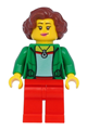 Female minifigure with reddish brown hair, wearing a green jacket and red legs - twn399